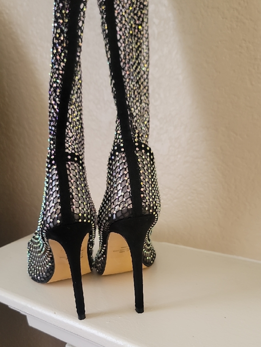 Rhinestone Mesh Pointed-Toe Stiletto Boots - Black - Picture 4 of 4